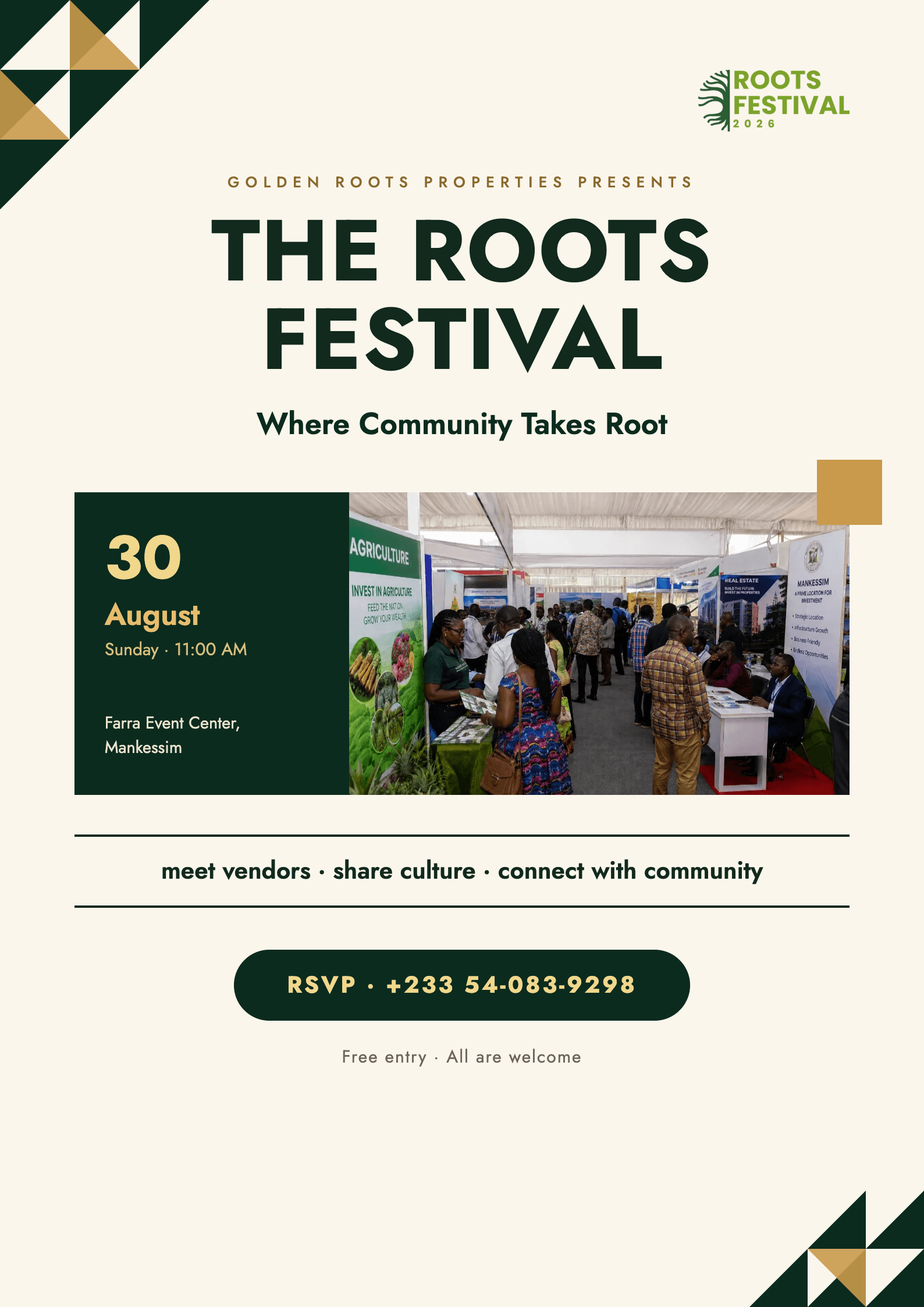 The Roots Festival flyer — Sunday 30 August 2026, 11:00 AM, Farra Event Center, Mankessim